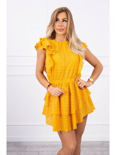 Embroidered dress with ruffles, mustard