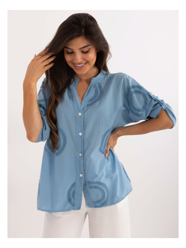 Blue oversize cotton shirt with stand-up collar