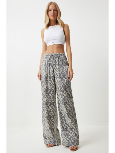 Happiness İstanbul Women's Gray Cream Leopard Patterned Palazzo Trousers