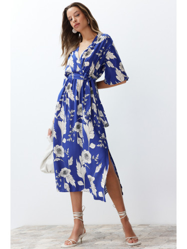 Trendyol Blue Belted Floral Print A-line Double-breasted Collar Midi Woven Dress