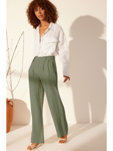 Trendyol Green 100% Linen Pleated High Waist Wide Leg Trousers