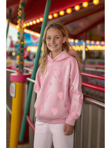 Trendyol Pink Girl's Heart Patterned Hooded Knitted Sweatshirt