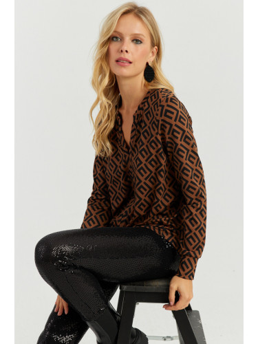 Cool & Sexy Women's Camel-Black V Neck Blouse