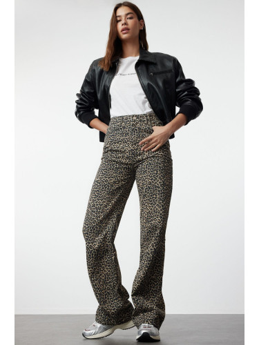 Trendyol Multicolored Leopard Print Brown High Waist Wide Leg Jeans