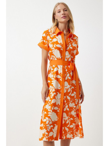 Happiness İstanbul Women's Orange Floral Summer Slim Viscose Dress