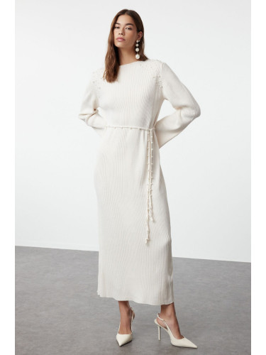 Trendyol Stone Belted Pearl Detailed Corduroy Knitwear Dress