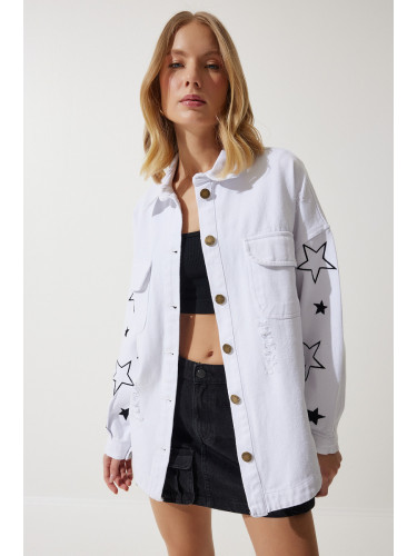 Happiness İstanbul Women's White Star Embroidered Oversize Shirt Jacket