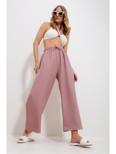 Trend Alaçatı Stili Women's Powder Pink Elastic Waist Wide Leg Loose Woven Trousers