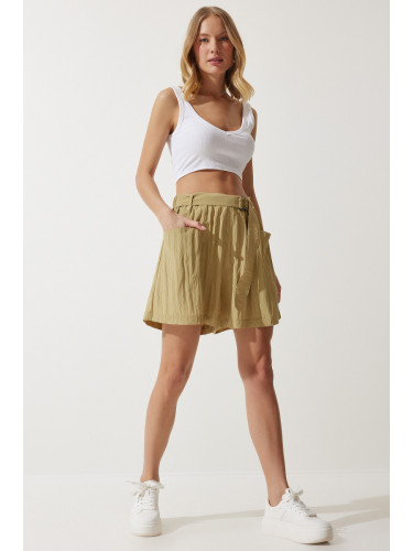 Happiness İstanbul Women's Beige Belted City Length Woven Shorts