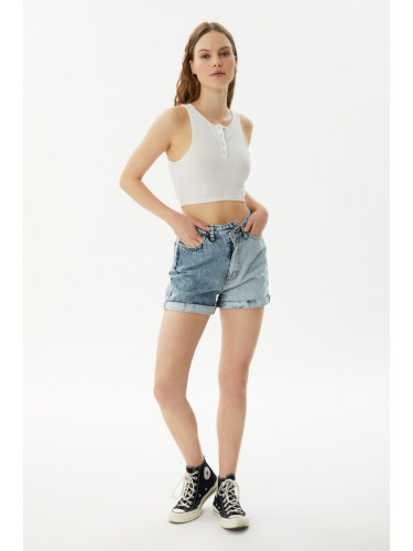 Trendyol Blue Color Block Asymmetric Closure Denim Shorts