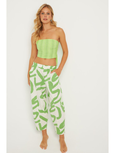 Cool & Sexy Women's Ecru-Green Patterned Linen Shalwar Trousers K1253