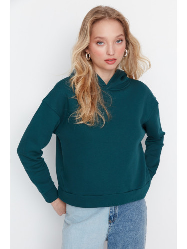 Trendyol Petrol Regular/Normal Fit Basic Hooded Fleece Inner Knitted Sweatshirt