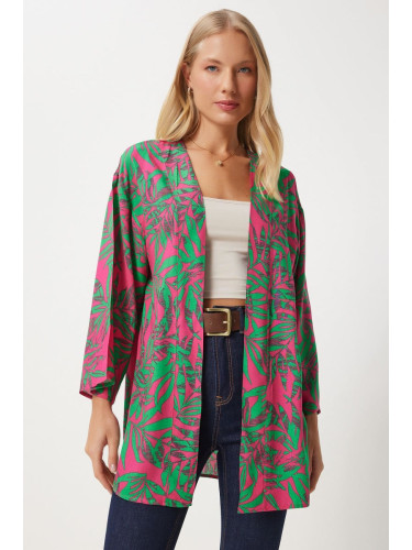 Happiness İstanbul Women's Pink Green Patterned Viscose Kimono