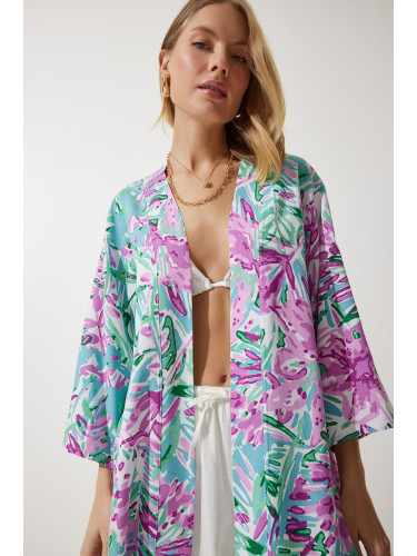 Happiness İstanbul Women's Green Pink Patterned Viscose Kimono