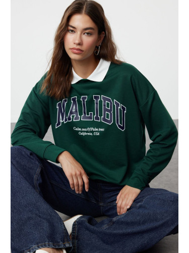 Trendyol Dark Green Polo Neck Knitted Sweatshirt with Embroidery Detail