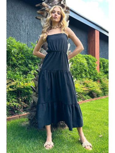 Trend Alaçatı Stili Women's Dark Anthracite Layered Flounce Strap Midilength Dress with Bead Accessories