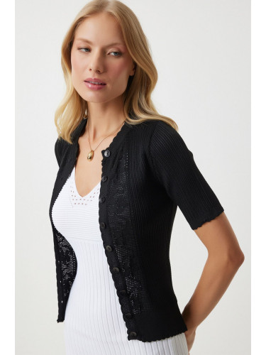 Happiness İstanbul Women's Black Openwork Seasonal Knitwear Cardigan