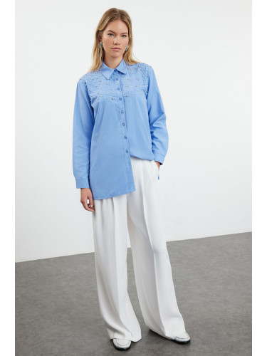 Trendyol Blue Pearl Stone Detailed Woven Shirt