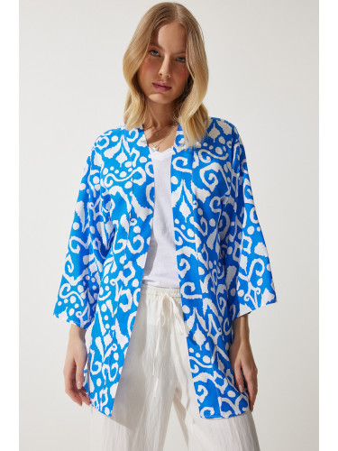 Happiness İstanbul Women's Vivid Blue Patterned Viscose Kimono