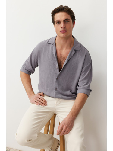 Trendyol Light Gray Oversize Fit Open Collar Summer Linen Look Shirt