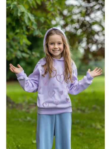 Trendyol Lilac Girl's Heart Patterned Hooded Knitted Sweatshirt