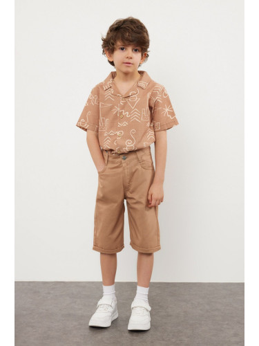 Trendyol Brick Boy Patterned Cotton Shirt-Shorts Woven Bottom-Top Set