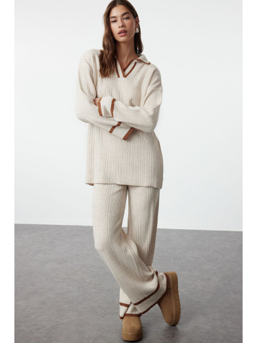 Trendyol Stone Brown Piping Knitwear Sweater Trousers Bottom-Top Set