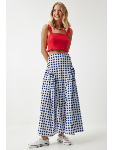 Happiness İstanbul Women's Blue Gingham Flounced Summer Poplin Skirt