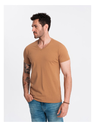 Ombre Men's BASIC classic cotton T-shirt with a v-neck - brown