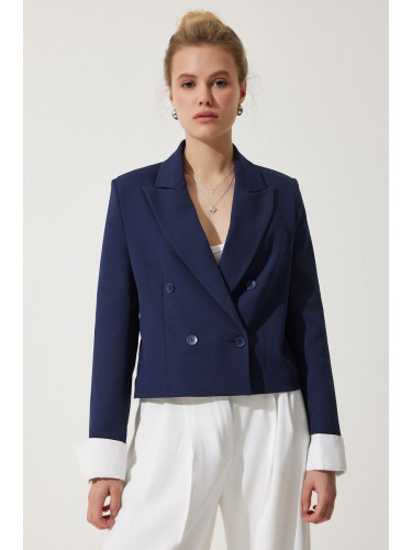 Happiness İstanbul Women's Navy Blue Contrast Cuffed Short Blazer Jacket