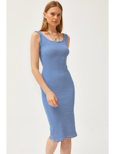 Olalook Women's Striped Saks Blue Thick Strap Lycra Midi Dress