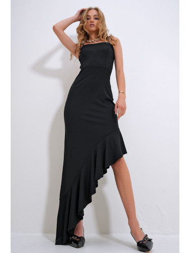 Trend Alaçatı Stili Women's Black Adjustable Strap Skirt Flywheel Asymmetrical Cut Dress