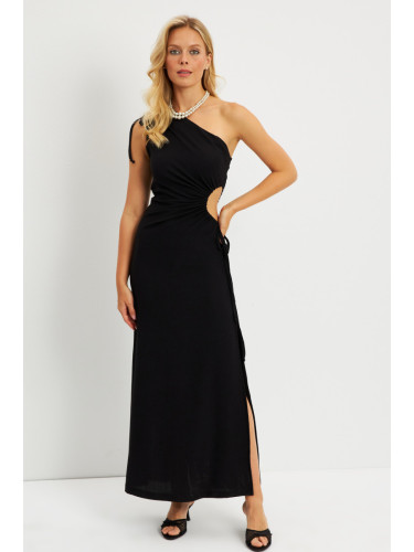 Cool & Sexy Women's Black Single Shoulder Wrap Midi Dress