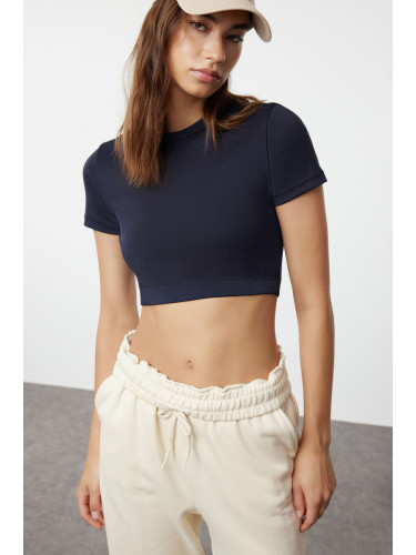 Trendyol Dark Navy Blue Crop Lightly Supported Soft Textured Crew Neck Knitted Sports Top/Blouse