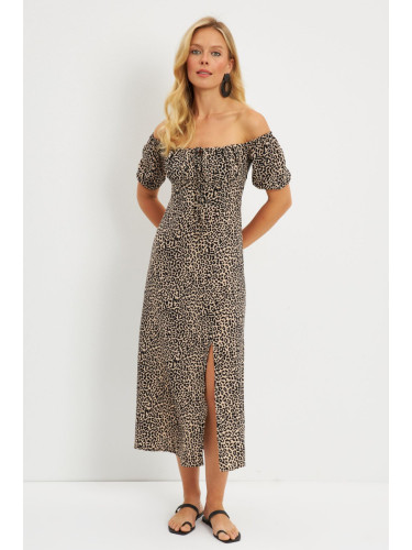 Cool & Sexy Women's Camel-Black Leopard Patterned Midi Dress