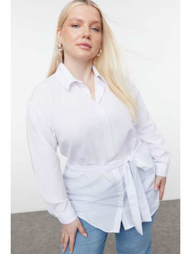 Trendyol Curve White Plus Size Waisted Poplin Woven Shirt