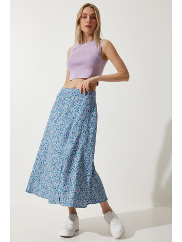 Happiness İstanbul Women's Pink Blue Floral Slit Summer Viscose Skirt