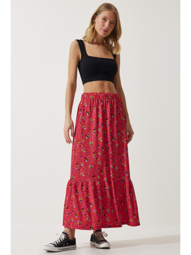 Happiness İstanbul Women's Pink Floral Flounce Viscose Skirt