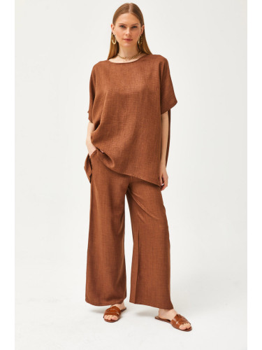 Olalook Women's Camel Top Loose Blouse Bottom Pocket Palazzo Linen Content Suit