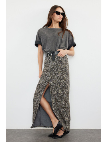 Trendyol Multicolored Leopard Patterned Brown Midi Denim Skirt