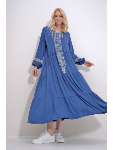 Trend Alaçatı Stili Women's Indigo V-Neck Ethnic Patterned Skirt Flounced Viscose Dress