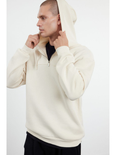 Trendyol Beige Zipper and Stitching Detailed Oversize/Wide Fit Thick Fleece Lined Sweatshirt