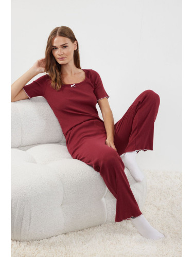 Trendyol Claret Red Cotton Baby Overlock and Ribbon/Bow Detailed Ribbed Knitted Pajama Set