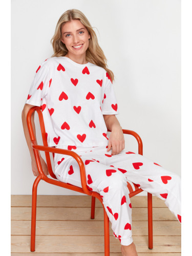 Trendyol White 100% Cotton Heart Knitted Pajama Set