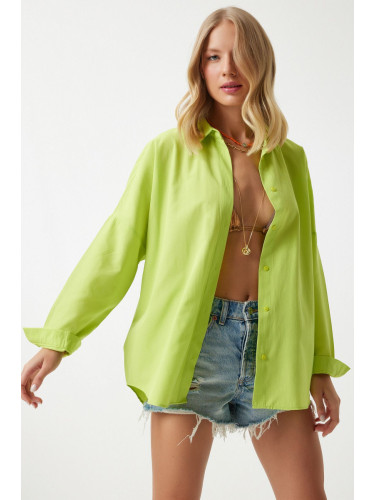 Happiness İstanbul Women's Pistachio Green Oversize Long Basic Shirt