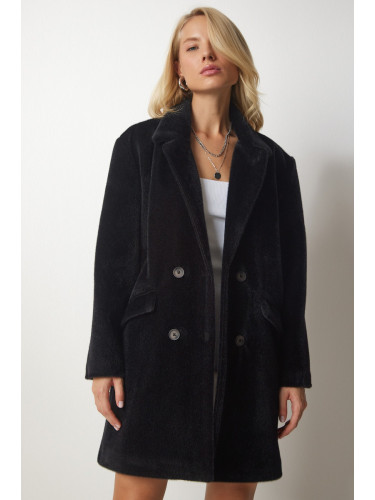 Happiness İstanbul Women's Black Rabbit Hair Look Oversize Coat