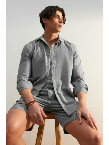 Trendyol Gray Regular Fit 100% Cotton Linen Look Shirt