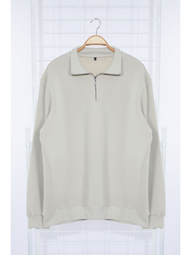Trendyol Stone Large Size Regular/Normal Cut Zippered Inside Fleece Sweatshirt