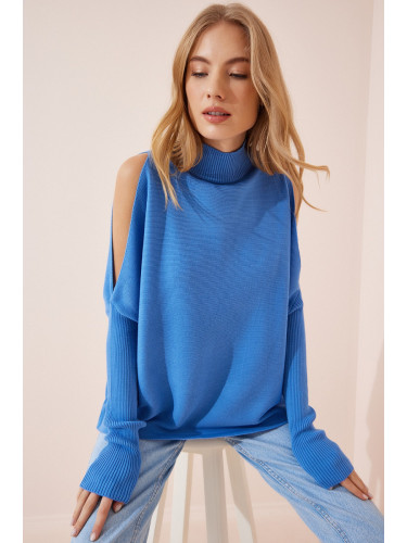 Happiness İstanbul Women's Indigo Blue Cut Out Detailed Oversize Knitwear Sweater