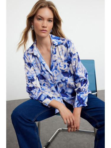 Trendyol Blue Woven Satin Rose Patterned Oversize Wide Fit Shirt
